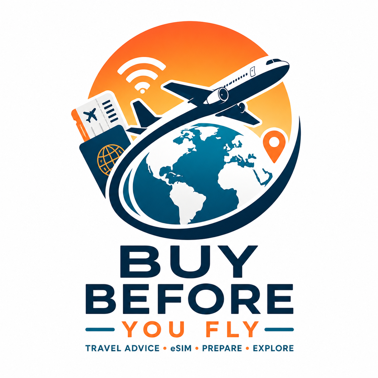 Buy Before You Fly logo with an airplane circling a globe, passport, ticket, Wi-Fi symbol, and location pin